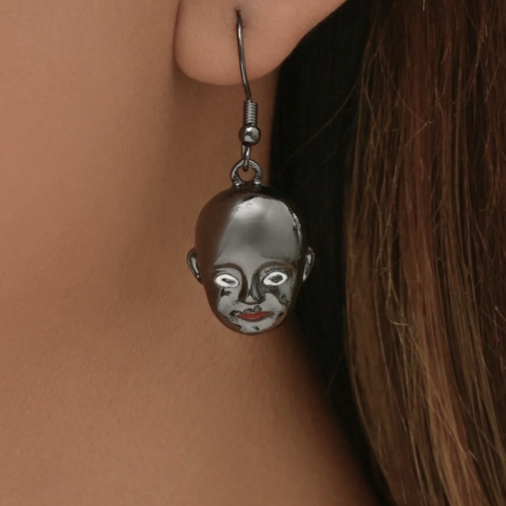 Gunmetal Doll Face Drop Earrings - Picture 4 of 7